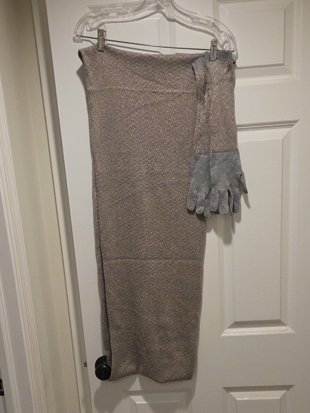 Aqua Taupe Metallic Knit Scarf with Gray Gloves